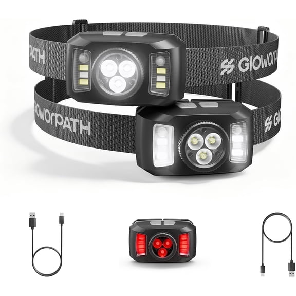 Upgraded Headlamp Rechargeable, Ultra Bright Headlight Flashlight with White Red Light, Motion Sensor Head Lights for Forehead, 6 Modes Head Lamp for Outdoor Camping Running Waterproof (2, Black)