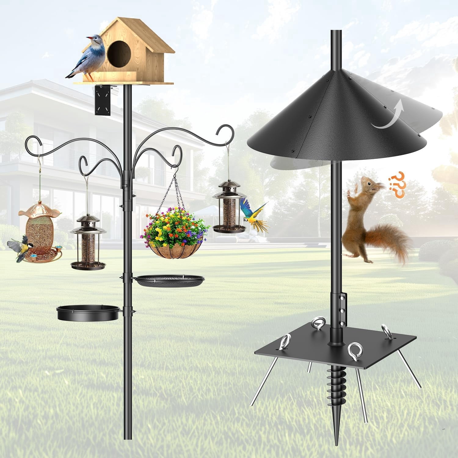 Upgraded Heavy Duty Bird Feeder Pole, 92 Inch Squirrel Proof Adjustable Bird Feeding Station,1 Inch Dia Bird House Pole, 4 Shepherd Hooks for Feeder Stand, Includes Water Bowl & Mesh Tray