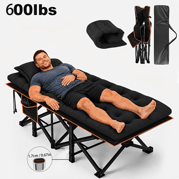 Upgraded Heavy-Duty Integrated Outdoor Folding Cot, Thick Breathable Wear-Resistant Fabric, Portable Camping & Office Rest Bed, 500/600/700 LBS High Load Capacity, Mattress/No Mattress Options