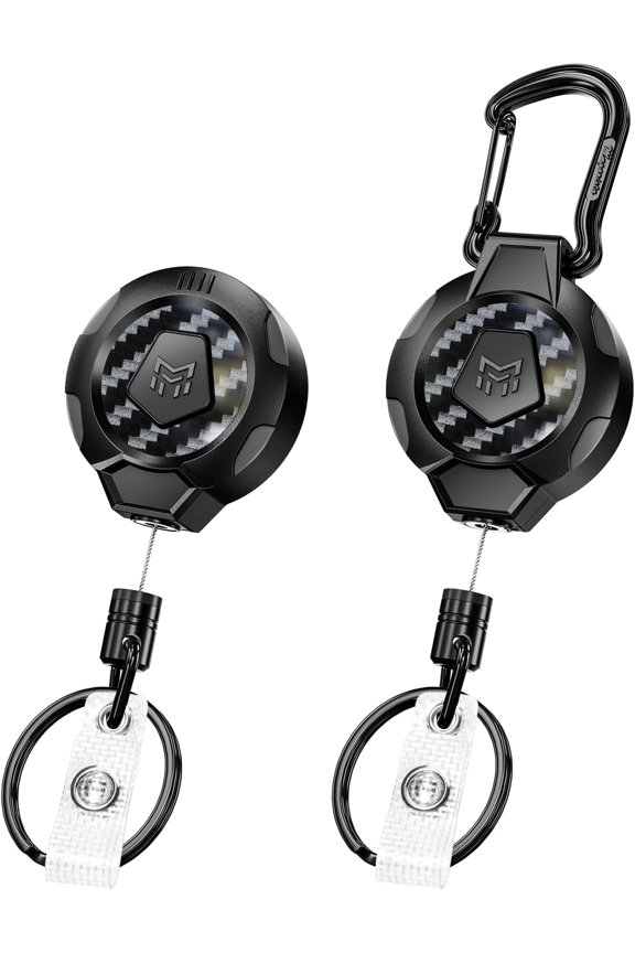 Upgraded Heavy Duty Retractable Keychain, Belt Clip Ver. & Carabiner Ver., 10 oz Retraction, 31.5" Stainless Steel Cable, 3K Carbon Fiber Tactical ID Badge Reel Key Chain Retractor, 2 Pack