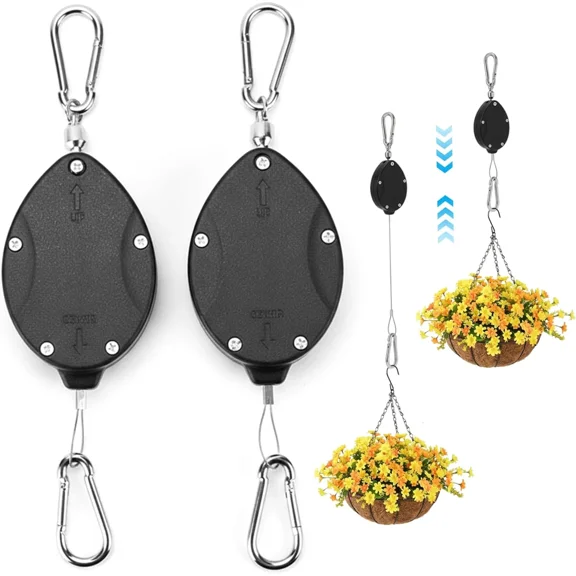 Upgraded Heavy-Duty Retractable Plant Pulleys, Load bearing 25kg, Adjustable Stainless Steel Rope Hangers for Hanging Baskets, Auto-Locking Plant Holders, and Bird Feeders(2pec)