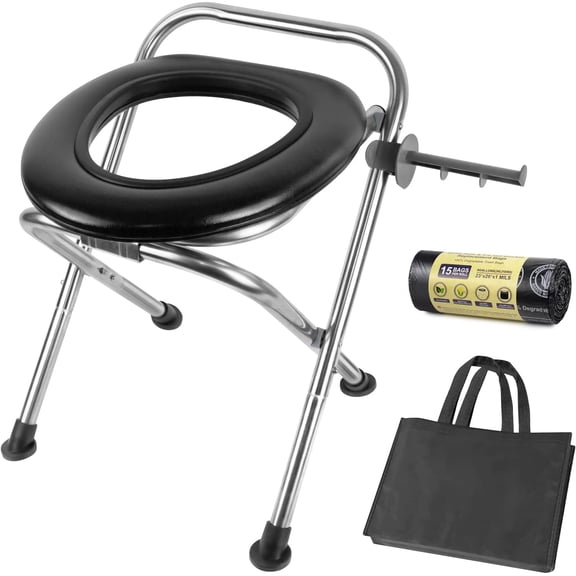 Upgraded Heavy Duty Stainless Steel Portable Toilet for Camping, Sturdy 350LBS Camp Toilet Portable, Portable Camping Toilet with Soft Seat/Toilet Bags, Black Folding Toilet for Hiking, Travel