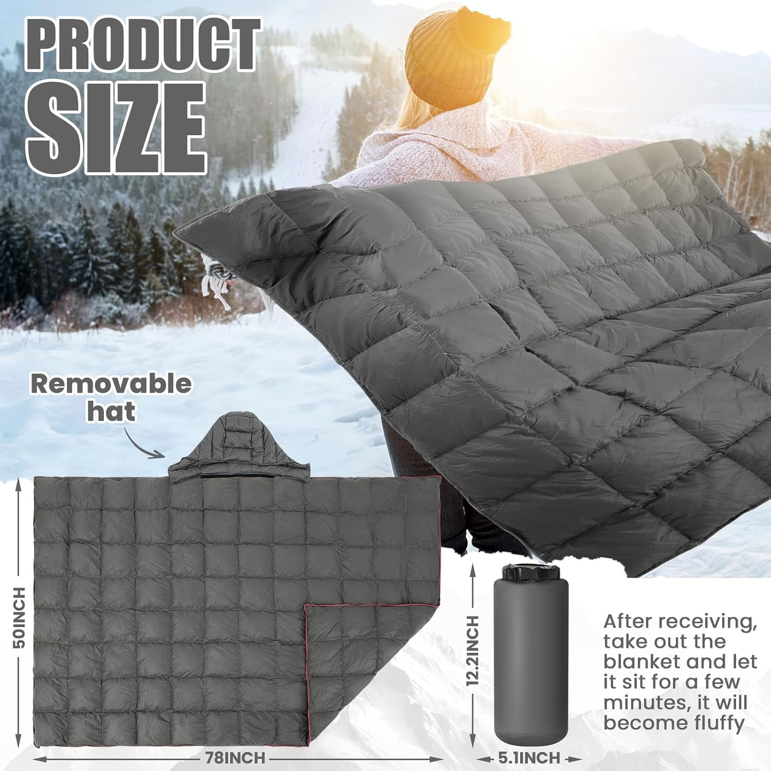 Upgraded Hooded Down Camping Blanket Waterproof 650 Fill Puffy Poncho Blanket 77" x 50" Packable Wearable Sleeping Bag with Detachable Hat Outdoor Stadium Camping, 1.36 lb(Grey)