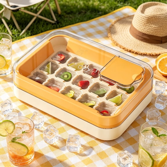 Upgraded Ice Cube Tray with Lid, 15-Cavity Ice Mold for Freezer, Stackable Household Ice Making Box, Easy Release Ice Cube Maker, Orange Single Layer