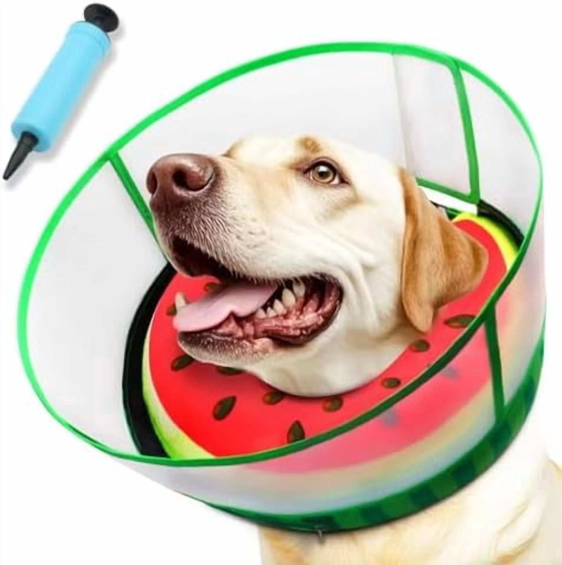 Upgraded Inflatable Dog Cone Collar with Transparent Anti-Licking Shield, Adjustable Elizabethan Collar for Medium Large Dogs, 2-in-1 Design with Detachable Shield and Soft Padding (M, Watermelon)