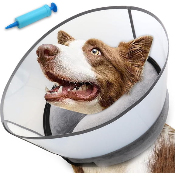 Upgraded Inflatable Dog Cone Collar with Transparent Anti-Licking Shield, Adjustable Elizabethan Collar for Medium Large Dogs, 2-in-1 Design with Detachable Shield