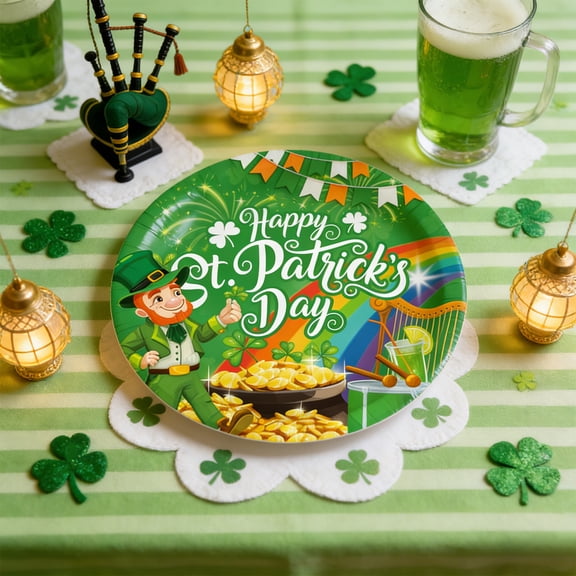 Upgraded Irish St. Patrick's Day Themed Disposable Party Tableware Supplies Featuring Clovers Print Paper Plates Napkins And Cups Suitable For Holiday Decorations A