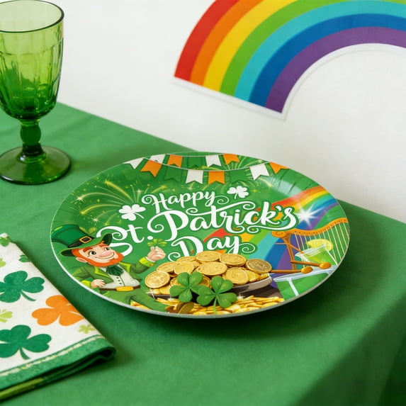 Upgraded Irish St. Patrick's Day Themed Disposable Party Tableware Supplies Featuring Clovers Print Paper Plates Napkins And Cups Suitable For Holiday Decorations B