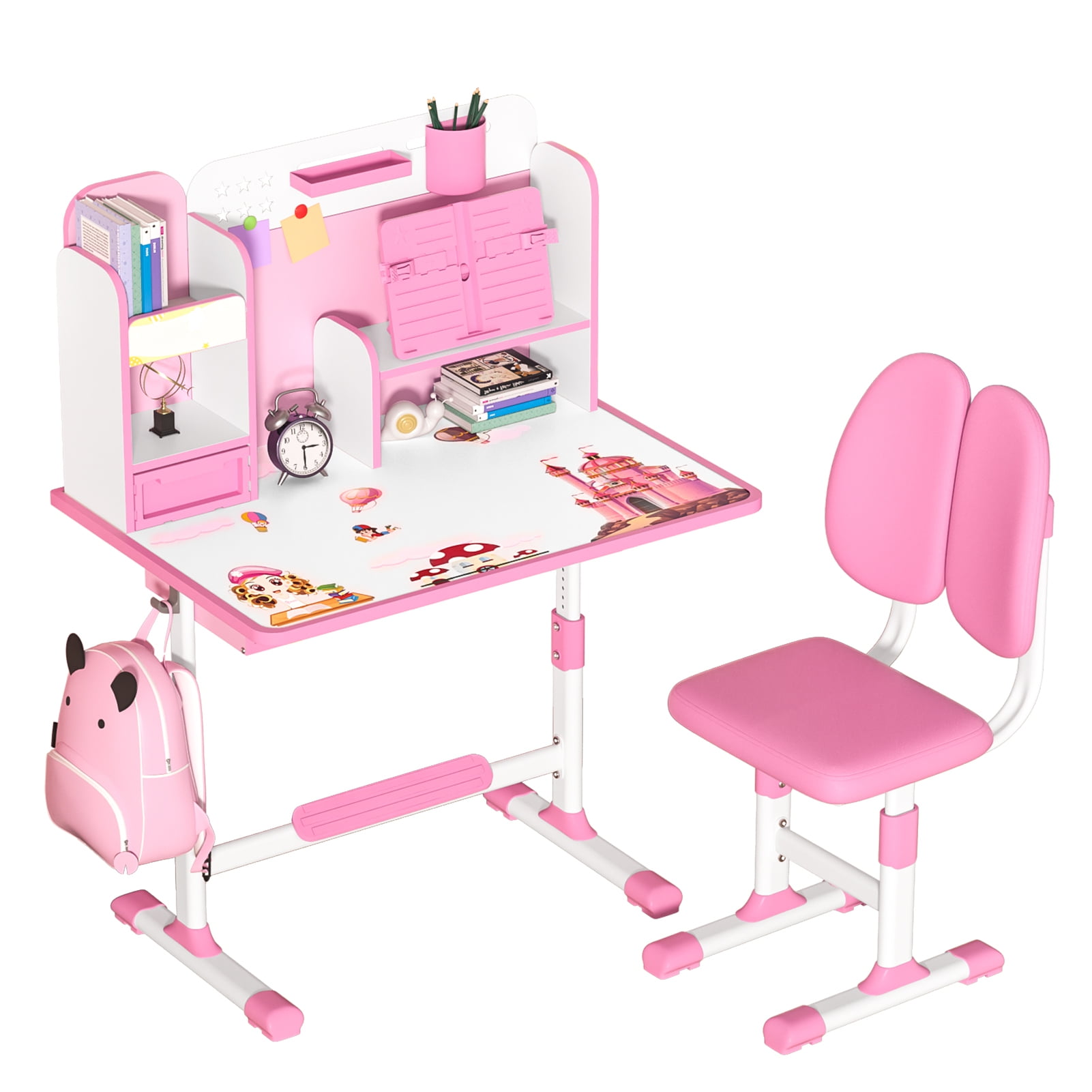 Upgraded Kids Desk and Chair Set, Height Adjustable Kids Functional Desk and Chair Set for Kids 8-12, Study Table for Girls Boys, Writing Table for Kids-Pink