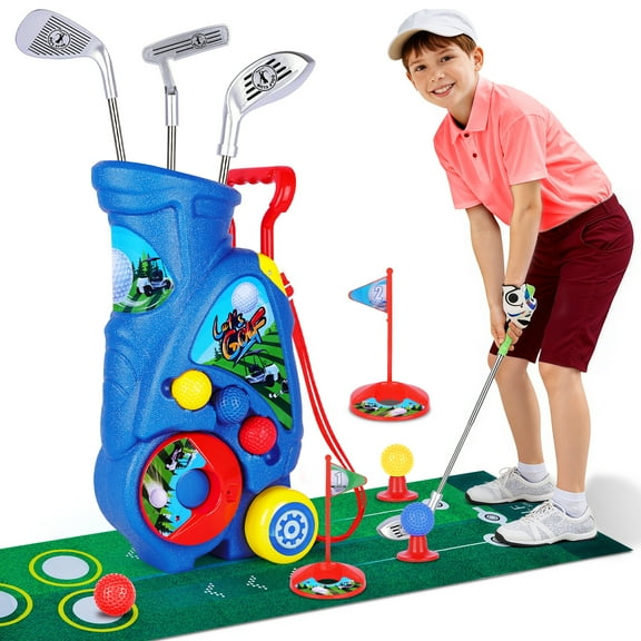 Upgraded Kids Golf Cart with 3 Clubs & 6 Balls, Outdoor Indoor Sports Toys Birthday Gift, Blue，Golf Toys Set for Boys and Girls Ages 3 to 6, Junior Golf Club Set, Sports Kit