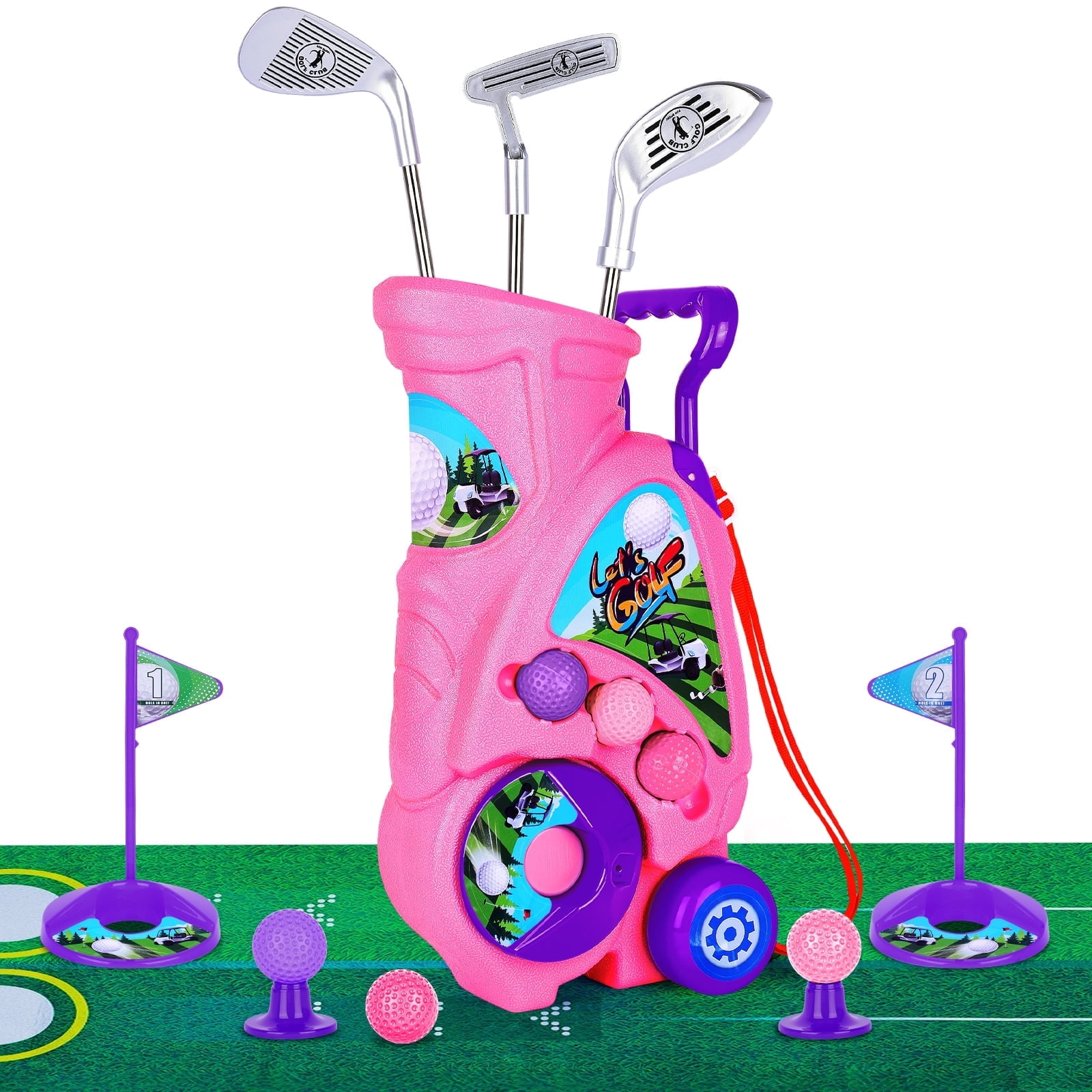 Upgraded Kids Golf Cart with 3 Clubs & 6 Balls, Outdoor Indoor Sports Toys Birthday Gift, Pink，Golf Toys Set for Boys and Girls Ages 3 to 6, Junior Golf Club Set, Sports Kit