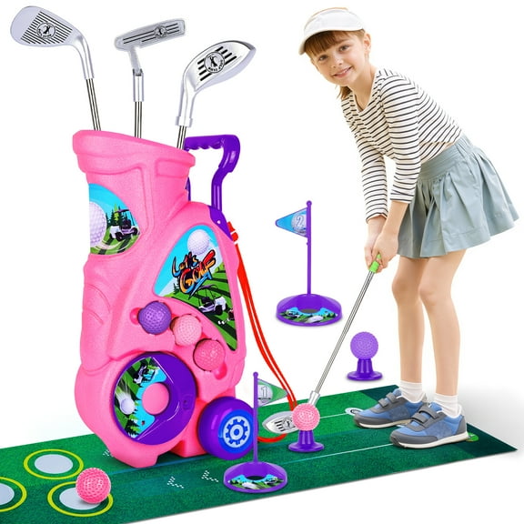 Upgraded Kids Golf Cart with 3 Clubs & 6 Balls, Outdoor Indoor Sports Toys Birthday Gift, Pink,Golf Toys Set for Boys and Girls Ages 3 to 6, Junior Golf Club Set, Sports Kit