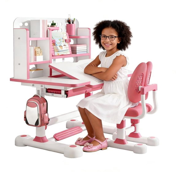 Upgraded Kids Study Desk and Chair Set, Height Adjustable Kids Table and Chairs, Children School Study Homework Desk with Tiltable Desktop & Bookshelf, Ideal Gifts for Boys Girls 8-12, Bedroom