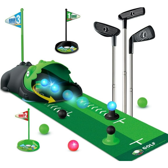 Upgraded Kids Toy Golf Set with Dinosaur Automatic Golf Returner, Led Light Up Night Golf Balls, Putting Mat, 3-8 Toddler Mini Golf Games, Indoor Outdoor Sports Toys for Boys Girls