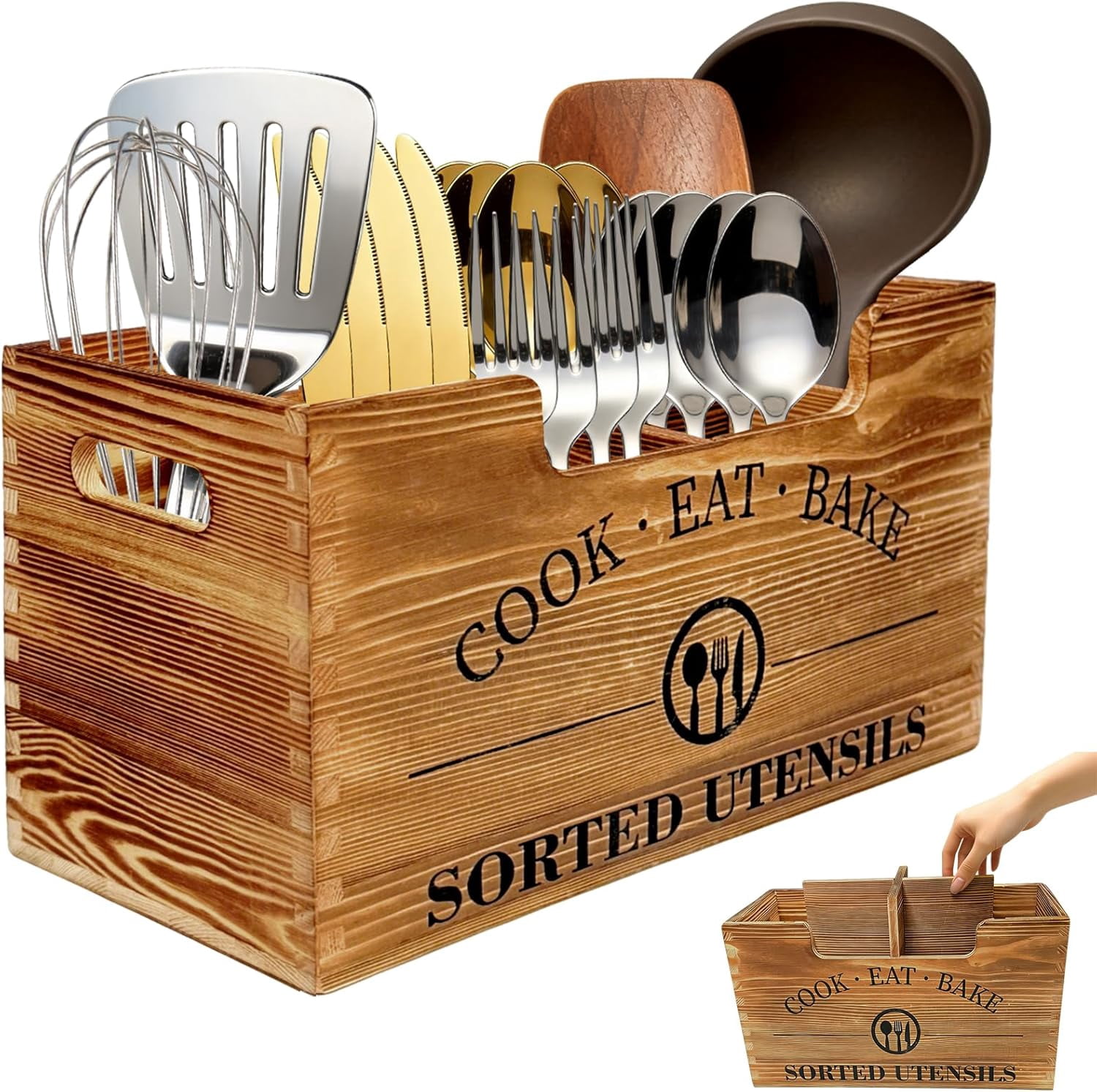 Upgraded Kitchen Utensil Holder For Counter  Extra Large Wooden With Three Adjustable Combination Designs Storage Cooking And Silverware