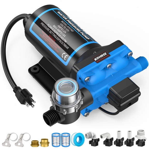 Kohree 110V AC Water Pressure Pump, 5.5GPM 55PSI Self-Priming RV Water Pump, On Demand RV Fresh 4-Chamber Diaphragm Water Pump, Pressure Switch & Strainer for Home, Garden, Marine, Off-Grid Use