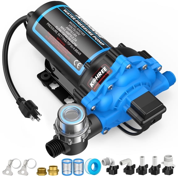 Kohree 110V AC Water Pressure Pump, 7GPM 70PSI Self-Priming RV Water Pump, On Demand RV Fresh 5-Chamber Diaphragm Water Pump, Pressure Switch & Strainer for Home, Garden, Marine, Off-Grid Use