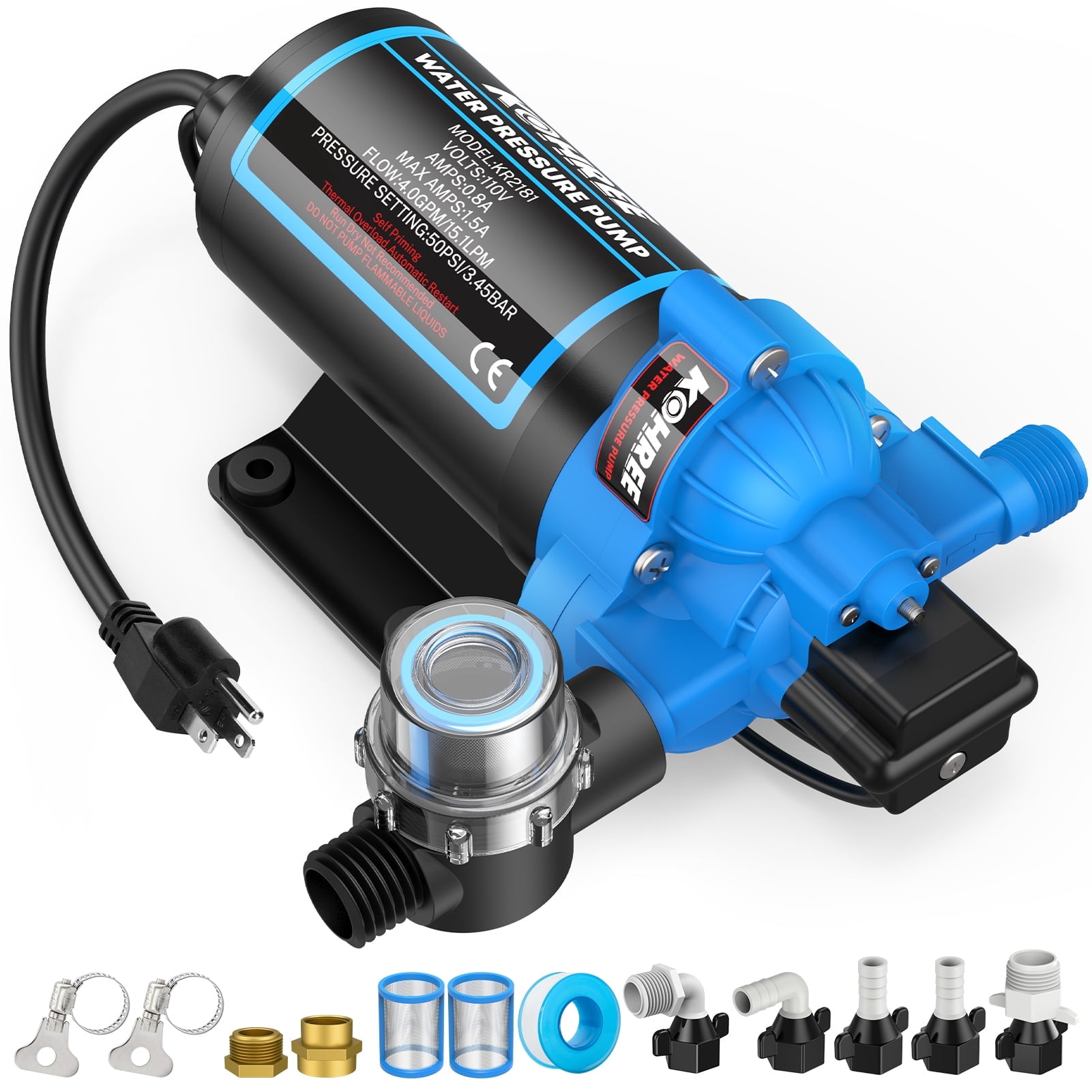 Kohree 110V AC Water Pressure Pump, 4GPM 50PSI Self-Priming RV Water Pump, On Demand RV Fresh 3-Chamber Diaphragm Water Pump, Pressure Switch & Strainer for Home, Garden, Marine, Off-Grid Use