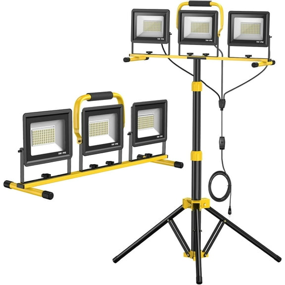 Upgraded LED Work Lights with Stand, 21000 Lumen, 3-Head Adjustable Work Light, Waterproof Foldable Tripod, Extended Cord for Outdoor & Indoor Job Sites, Workshops, Construction, Garage Lighting