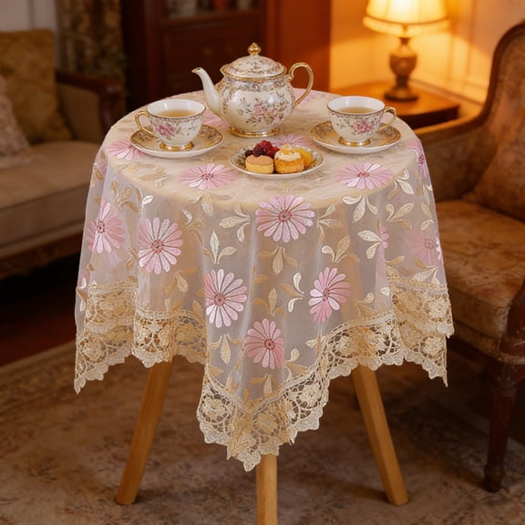 Upgraded Lace Tablecloth Tea Table Dining Table Cover Bedside Table Cover Modern And Gauze Embroidered Tablecloth Small Round Table Cover E