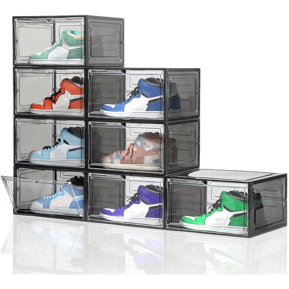 Upgraded Large Clear Shoe Storage Box with Magnetic Drop-Front Door, Stackable Plastic Container, 8-Pack, Black Transparent, Modern Rectangular Design