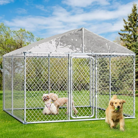 Upgraded Large Outdoor Dog Kennel with Waterproof UV-Resistant Cover, Dog House Pen Enclosure with Secure Lock, Heavy Duty Chain Link Dog Kennel for Outside Backyard (118" L x 118" W x 83" H)