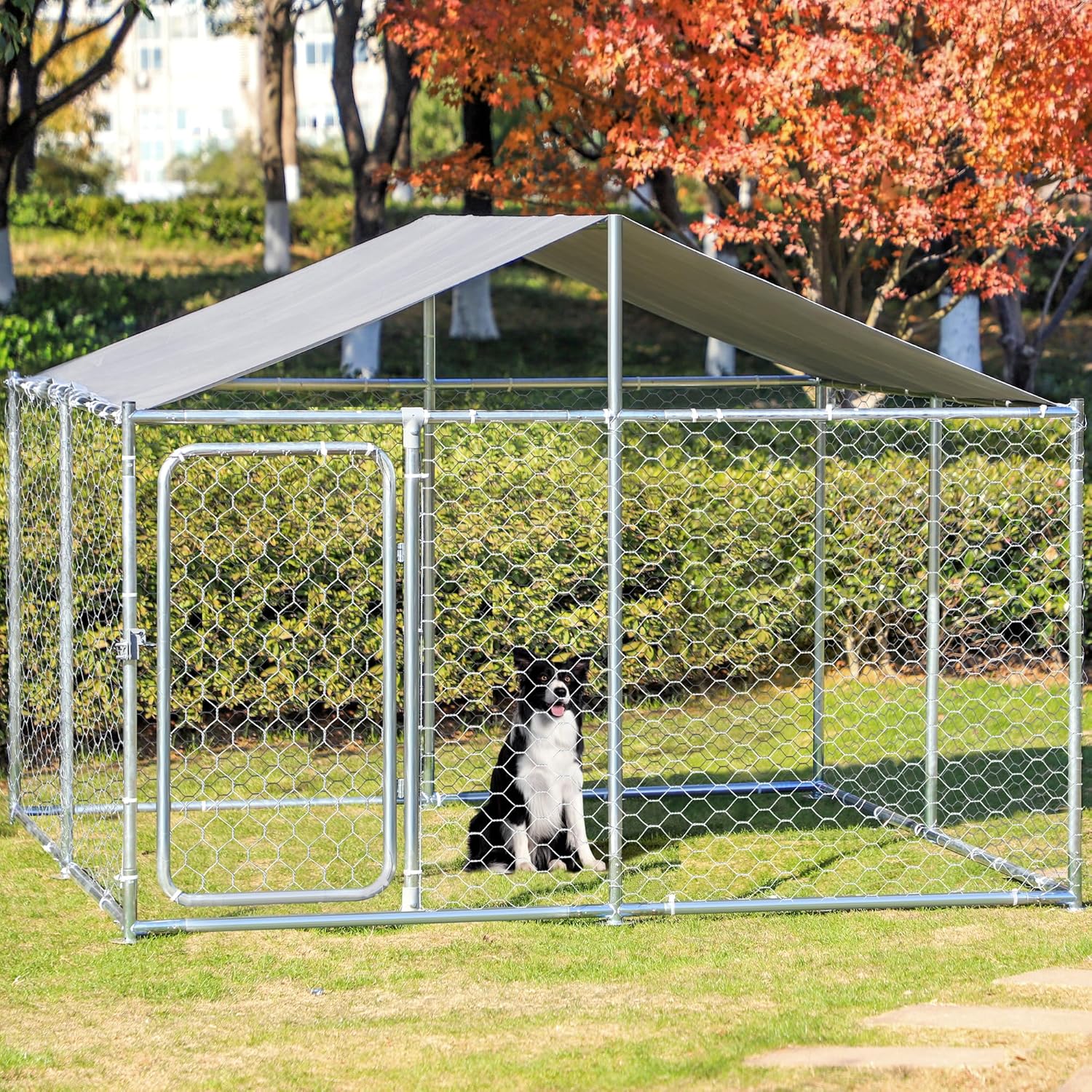 7.5×7.5×5.25FT Large Outdoor Dog Kennel With Waterproof Cover - Heavy Duty Chain Link Dog Run Pen