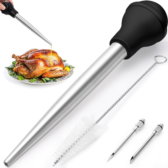 Upgraded Large Stainless Steel Turkey Baster with 2 Detachable Nozzles & Cleaning Brush, Heat Resistant Kitchen Basting Tool, Black