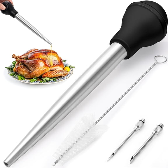 Upgraded Large Stainless Steel Turkey Baster for Cooking With 2 Detachable Needles and Cleaning Brush Premium Baster Tool for Cooking Dishwasher Safe Home Baking Kitchen Tool