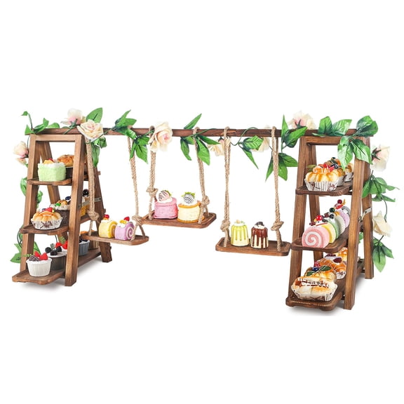 Upgraded Large Wooden 3 Tier Swing Cupcake Stand With Flower Decor Removable Trays Foldable Ladder Display For Cake Snacks Fruit Bread Party & Catering Centerpieces
