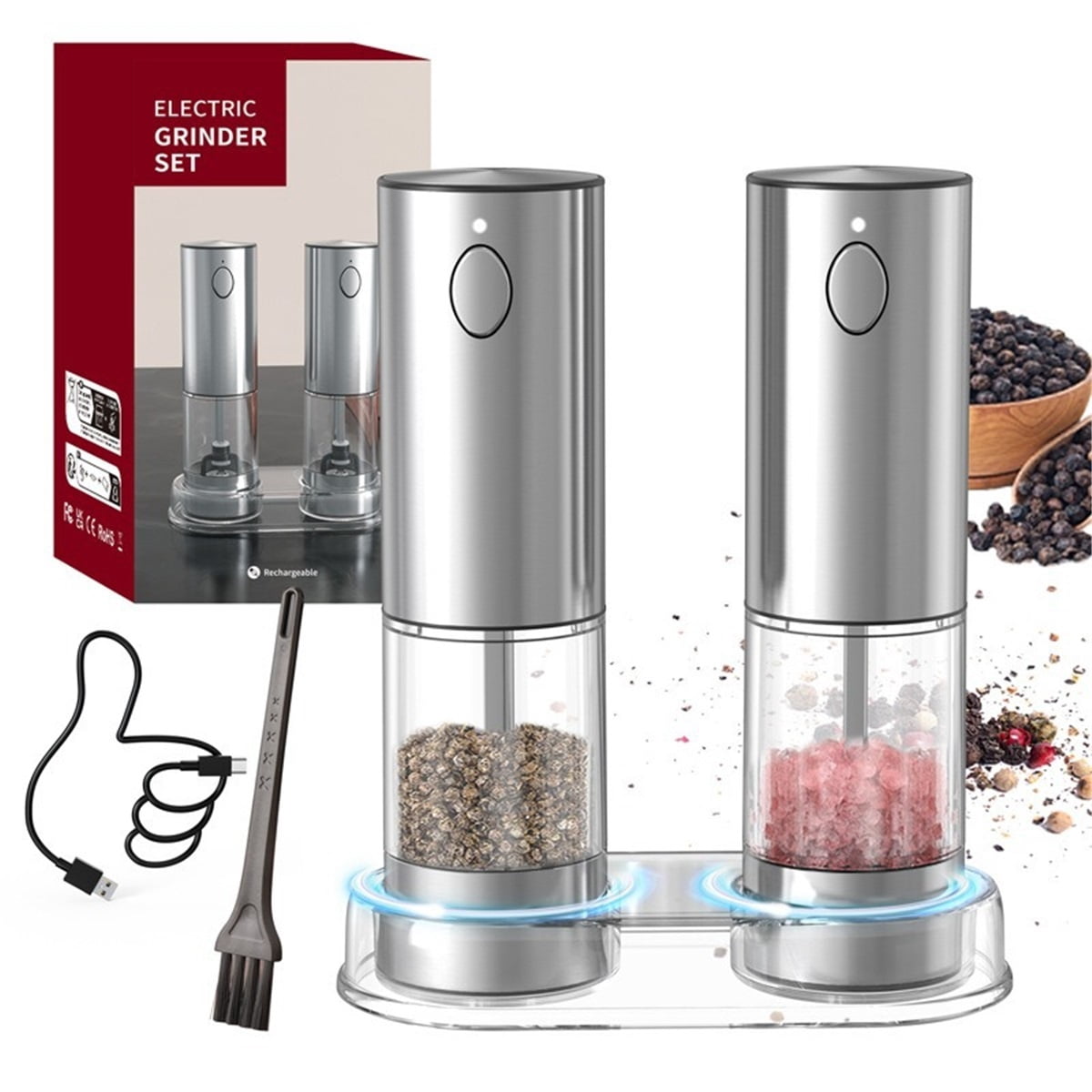 Upgraded Larger Capacity Electric Salt and Pepper Grinder Set, 95ml Rechargeable Salt and Pepper Shaker with LED light, Stainless Steel Automatic Pepper Mill with Adjustable Coarseness