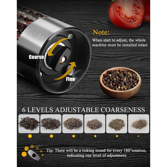 Electric Salt and Pepper Grinder Set , Automatic Pepper Mills with Easy-to-Carry Dual Charging Station and Adjustable Coarseness, LED Light, Stainless Steel