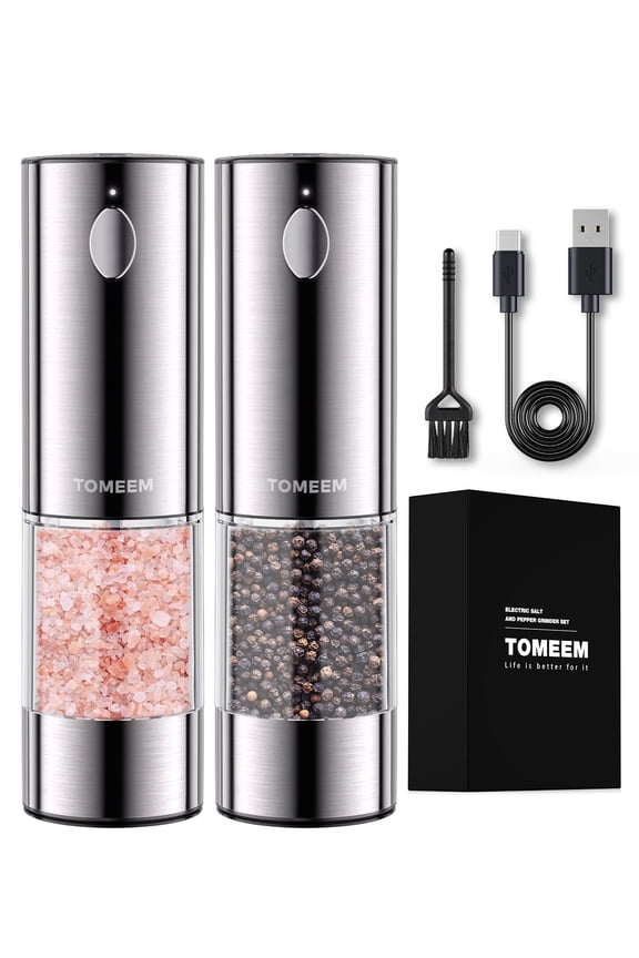 Electric Salt and Pepper Grinder Set Rechargeable with LED lights, Stainless Steel Automatic Pepper and Salt Grinder Refillable with 5 Adjustable