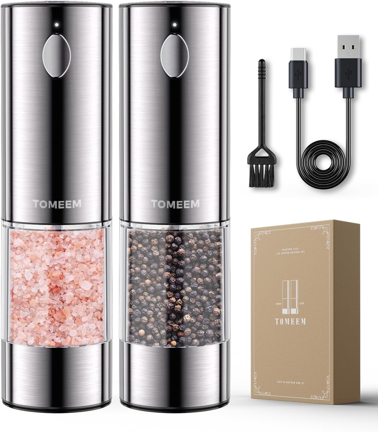 Electric Salt and Pepper Grinder Set Rechargeable with LED lights, Stainless Steel Automatic Pepper and Salt Grinder Refillable with 5 Adjustable