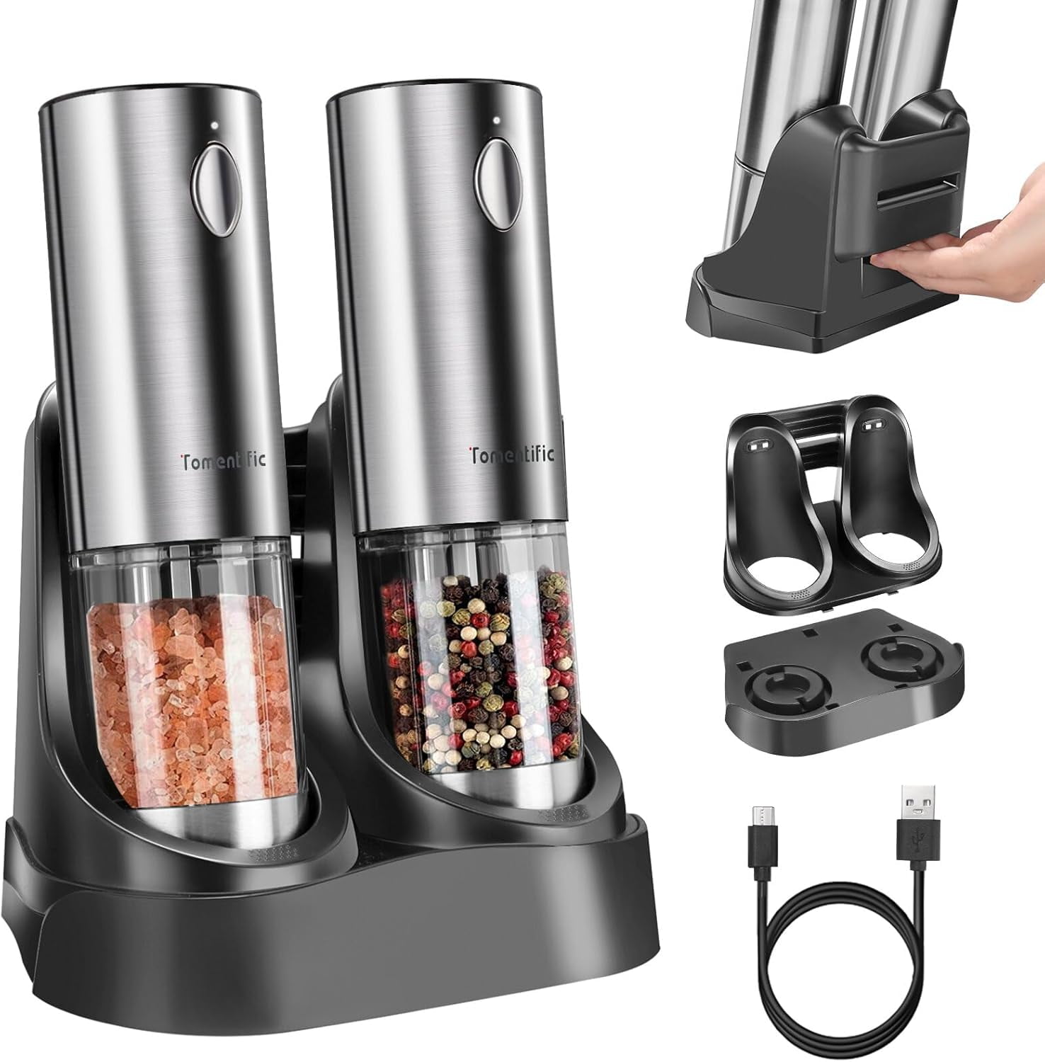 [Upgraded Larger Capacity]Electric Salt and Pepper Grinder Set , Automatic Pepper Mills with Easy-to-Carry Dual Charging Station and Adjustable Coarseness, LED Light, Stainless Steel