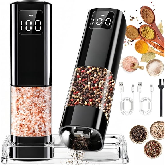 Upgraded Larger Capacity Electric Salt and Pepper  Set Rechargeable with Digital Display, Refillable Electric Pepper  Mill Set with Light & Ceramic Core, Adjustable Coarseness