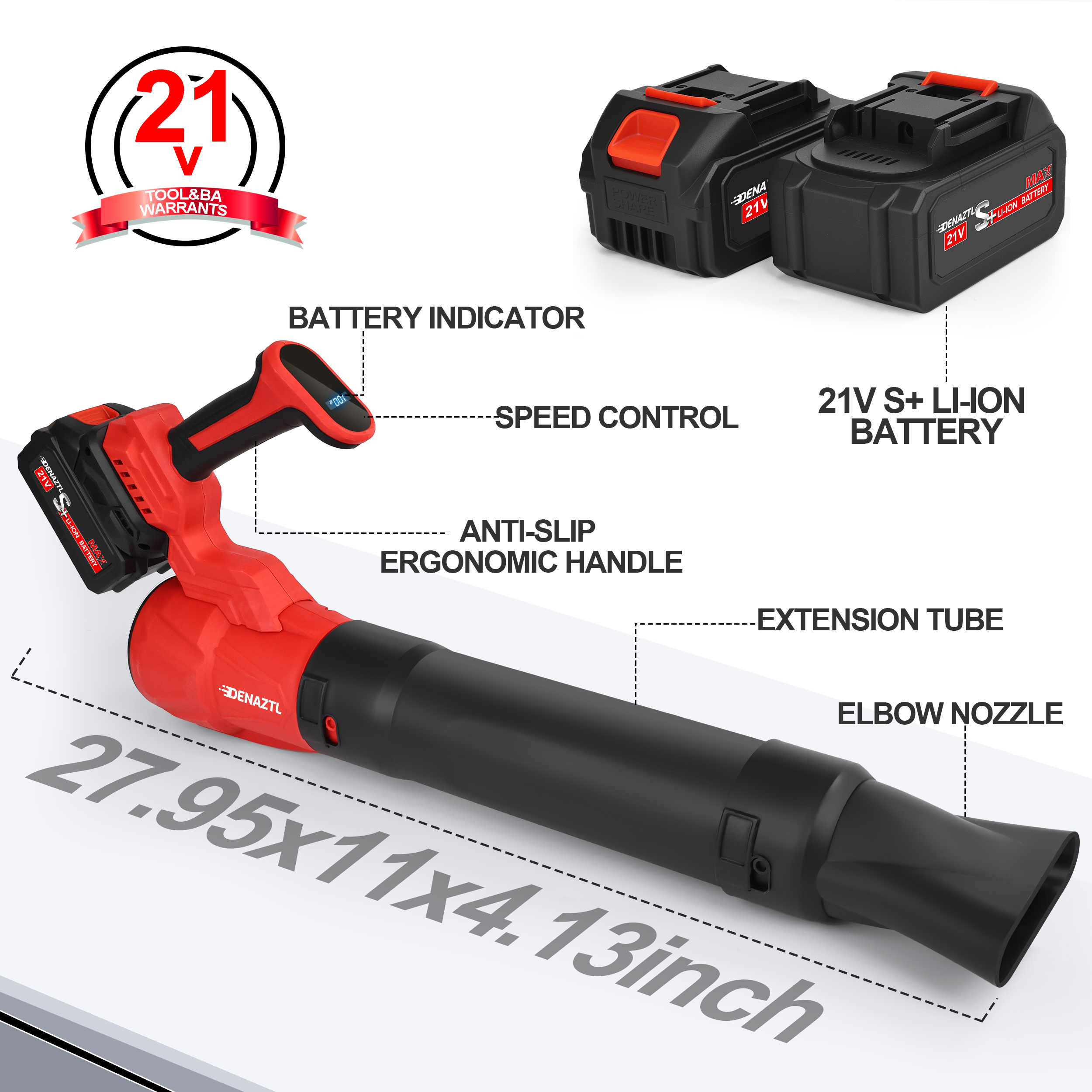Upgraded Leaf Blower Cordless, 2 Batteries And Charger, 540CFM Electric Leaf Blower With 2 Section Tubes, 5 Speed Mode, 21V Battery Powered Cordless Leaf Blowers For Lawn, Patio, Driveway, Red