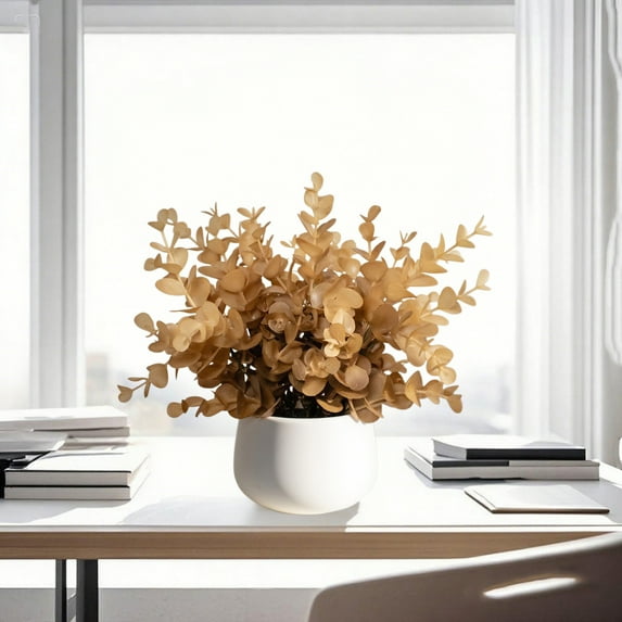 Upgraded Lifelike Small Artificial Eucalyptus Plants in White Decorative Flower Pots, Perfect Fake Greenery for Bedroom or Office Desk Decor I
