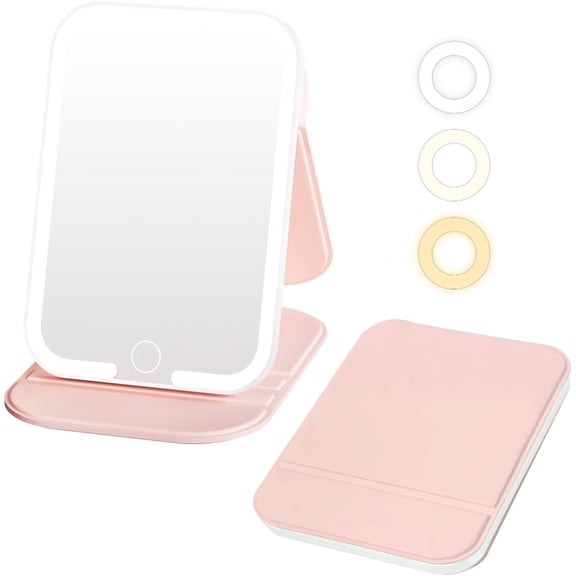 Upgraded Lighted Travel Makeup Mirror, 72 LEDs Portable Mirror with Lights, 3 Color Travel Mirror with Light, Touch Screen, Dimmable, Rechargeable, Angle Adjustable with Non-Slip Base, Pink