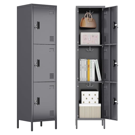 Upgraded Lockable 3 Doors Metal Lockers with for Home Office School Gym,Assembly Required,Dark Grey,66''H*15.75''W*15.75''D