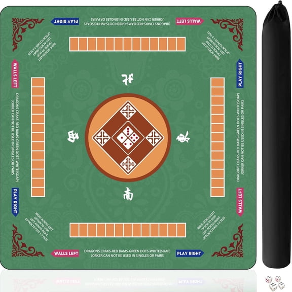 Upgraded Mahjong Mat for Table - Anti-Wrinkle Design & Foldable 31.5x31.5Inch American Mahjongg Table Mat with Learning Rules, Anti-Slip Noise Reduction Includes Carry Bag& 4 Dices(Green)