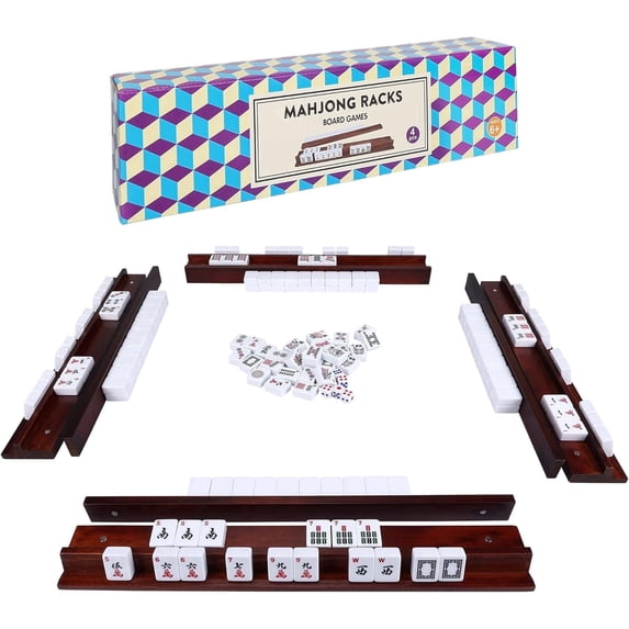 Upgraded Mahjong Racks with Pushers, Set of 4 Trays for American Mahjong Games, Wooden Holders for Mahjong, Dominoes & Mexican Train Game Nights (Includes Magnetically Attached Mahjong Pushers)