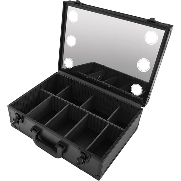 Upgraded Makeup Organizer Case Makeup Case with 6 LED Light Mirror 3 Color Setting Case with Adjustable Dividers Portable Makeup Storage Box