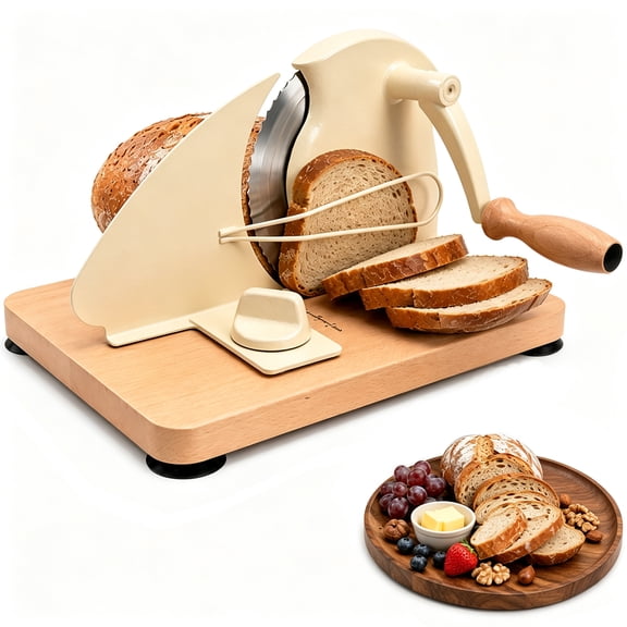 Upgraded Manual Bread Slicer for Homemade Sourdough Bread, Adjustable Slice Thickness 0-0.9", Hand Crank Bread Cutter with Stainless Steel Blade, Metal Guide Rail, Suction Base & Scale Line for Even