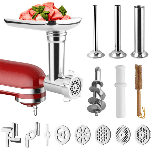 Upgraded Metal Food Meat Grinder Attachment for Kitchenaid Stand Mixer, Attachments Including Sausage Stuffer & 4 Grinding Blades for Versatile Cooking