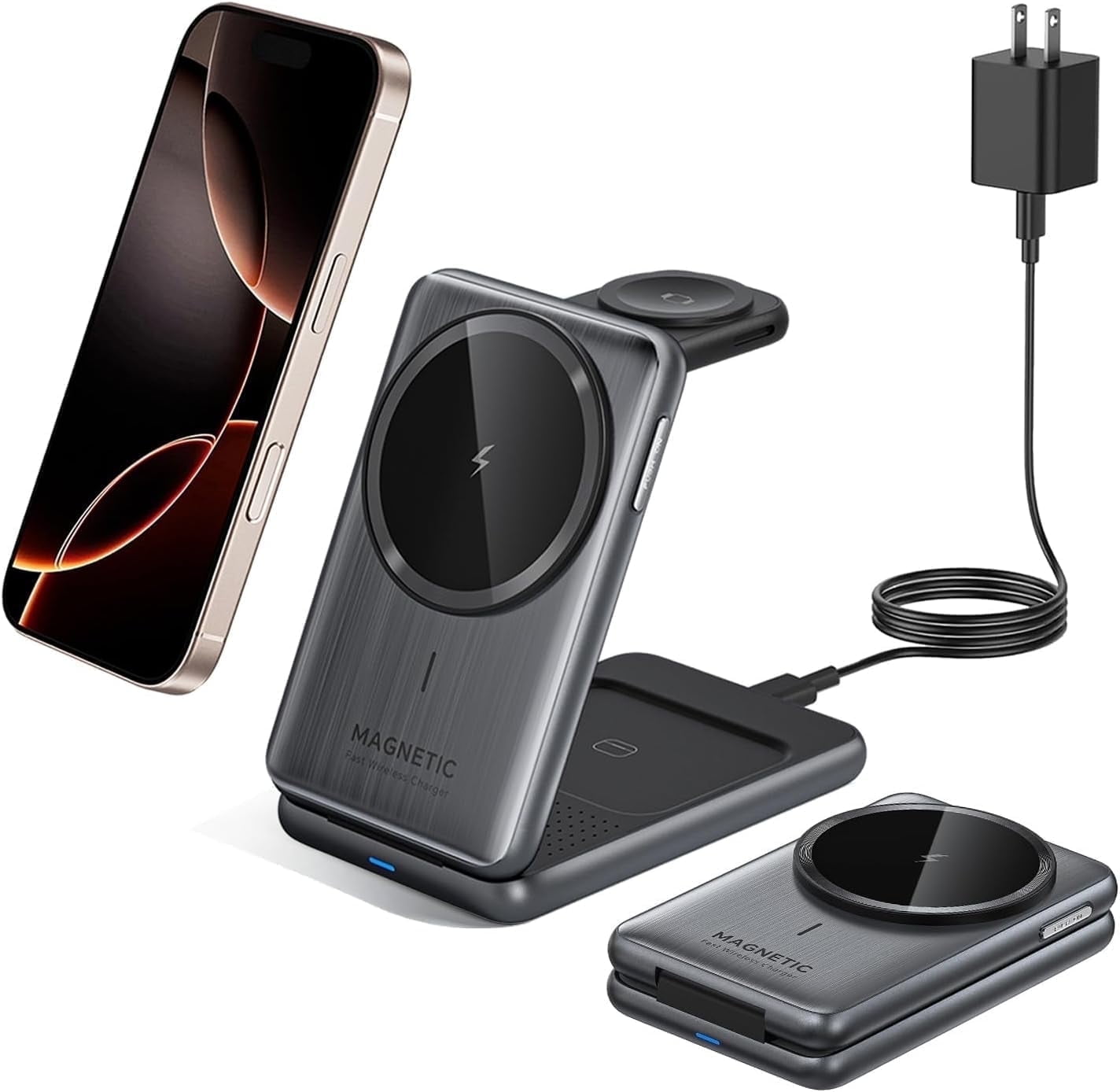 3 in 1 Wireless Charger for iPhone,for iPhone16/15/14/13/12 ,Apple Watch/AirPods,with Magsafe Charger Upgraded Metallic.