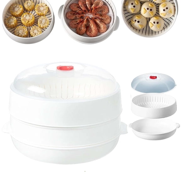 Upgraded Microwave Oven Steamer - Simultaneously Cook Rice, Veggies, Fish & Dumplings - Heat-Resistant Stackable Rack with Locking Lids