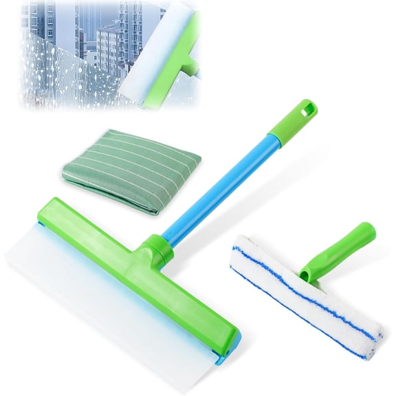 Upgraded Model Recyclable Silicone Window Squeegee Kit, Window Cleaning Kit, Glass Cleaning Tools with Silicone Squeegee & Microfiber Scrubber for Shower Glass Mirror Door Car