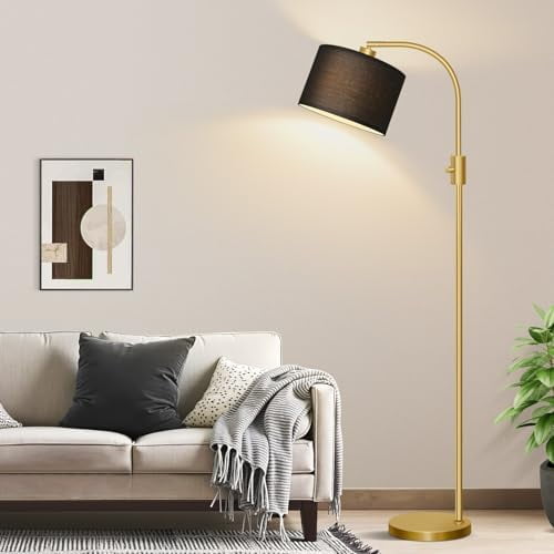 Upgraded Modern Arc Dimmable Tall Standing Floor Lamp with Black Shade, 1200 Lumens LED Bulb Included, for Living & Reading Room, Bedroom, Office & Nursery, Gold