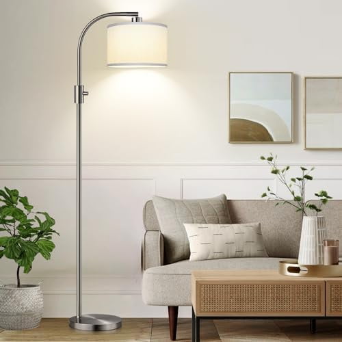 Upgraded Modern Arc Dimmable Tall Standing Floor Lamp with Linen Shade, 1200 Lumens LED Bulb Included, for Living & Reading Room, Bedroom, Office & Nursery, Brushed Nickel
